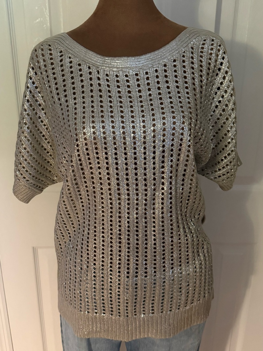 Chico's Silver Open-Knit Short Sleeve Sweater